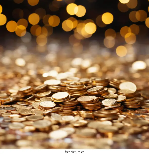Pile of gold coins with blurred lights in the background