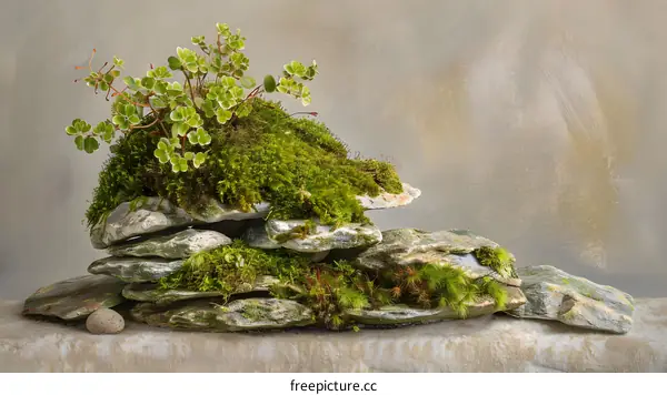 Green Moss and Plants Growing on a Stack of Rocks