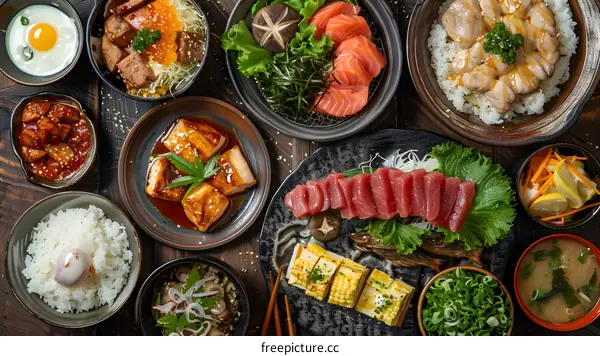 A delicious Japanese meal with a variety of dishes, including fish, rice, and vegetables