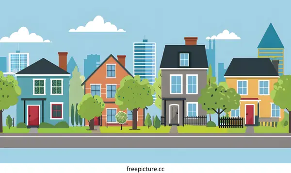 Colorful Houses in Cityscape Illustration