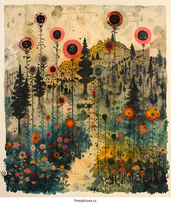 Watercolor Painting of a Fantasy Landscape with Tall Flowers and a Castle in the Distance