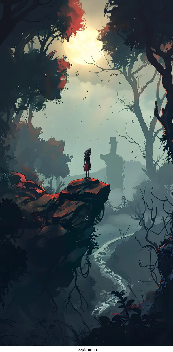Girl Standing On A Cliff In A Forest With A Full Moon