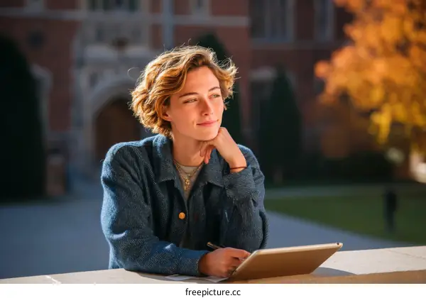 Young Woman Outdoors with Tablet on Campus