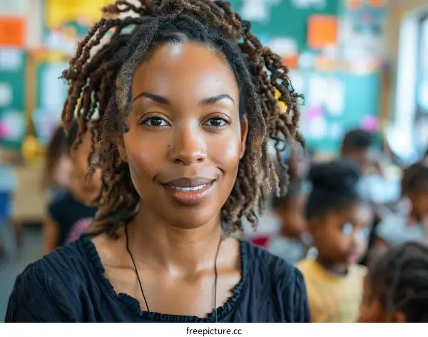 Black female teacher smiling in front of a classroom of children