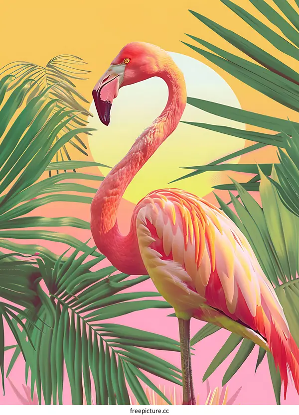 Tropical Illustration with a Pink Flamingo