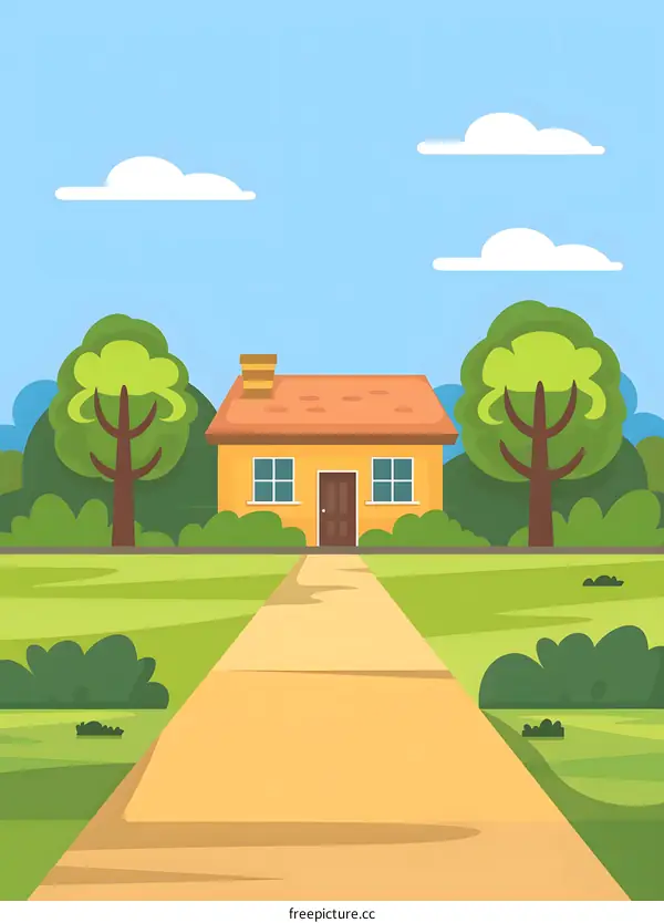 Cartoon Illustration of a Yellow House with a Path Leading to the Front Door