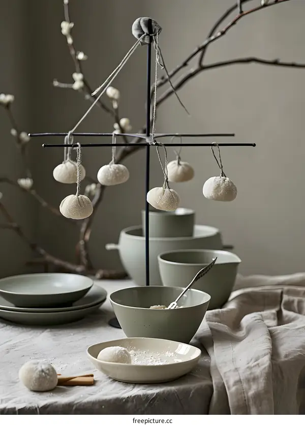 White Mochi Balls Hanging From Metal Stand