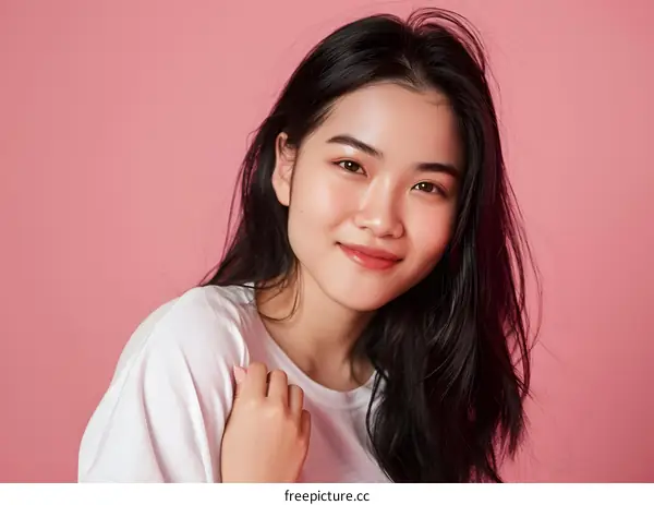 Portrait of a Smiling Asian Woman in a White Shirt on a Pink Background