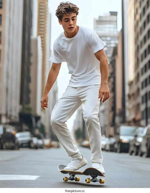 Young Man Skateboarding in the City