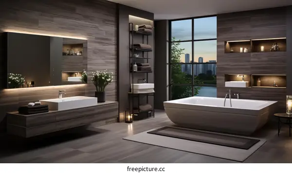 Bathroom interior with dark wood walls and white bathtub