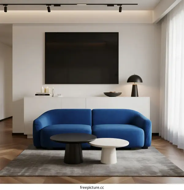 Modern Living Room with Blue Sofa and Minimalist Furniture