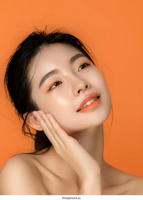 Beautiful Asian Woman with Orange Lipstick Posing Against Orange Background