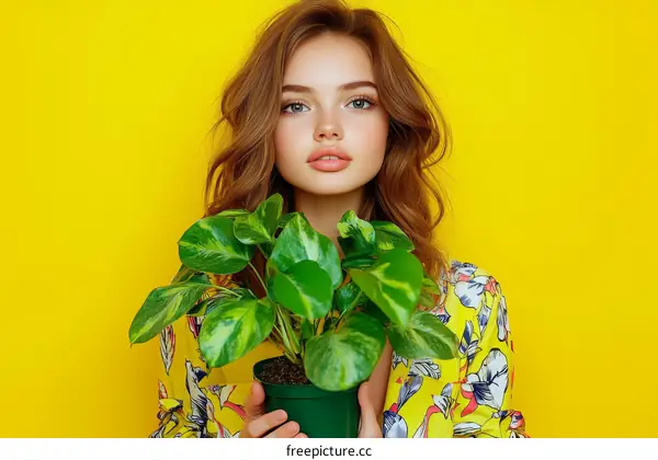 Young Woman with a Houseplant Against a Yellow Background