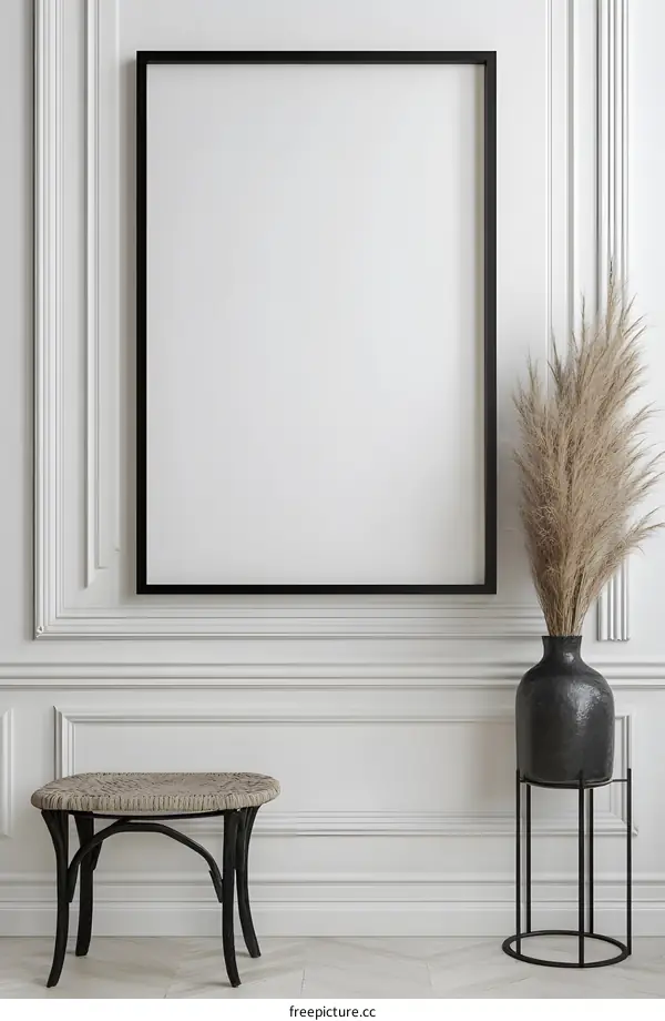 Blank Frame Mockup With  Beige Wicker Stool And Dried Flowers In Vase