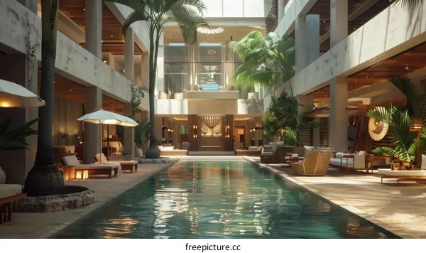Indoor Tropical Style Swimming Pool with Lounge Seating