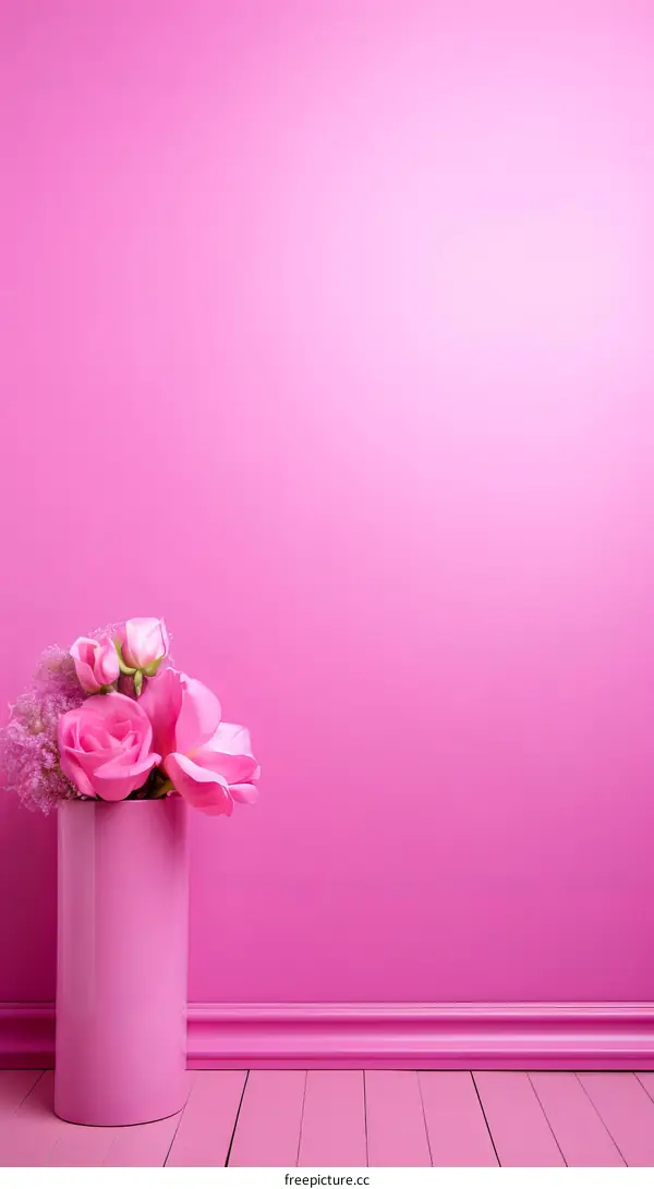 Pink roses in a pink vase against a pink background