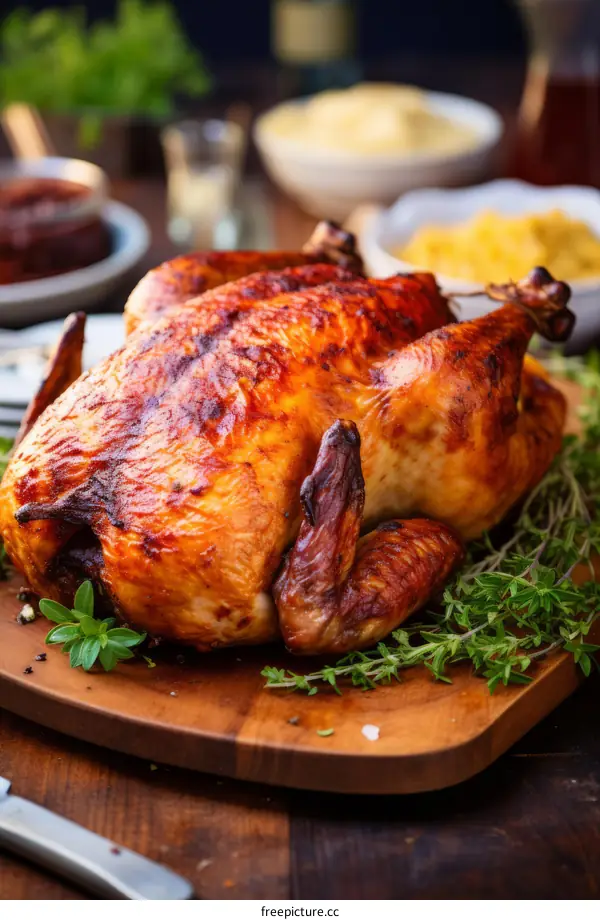 Roasted chicken on a cutting board with herbs
