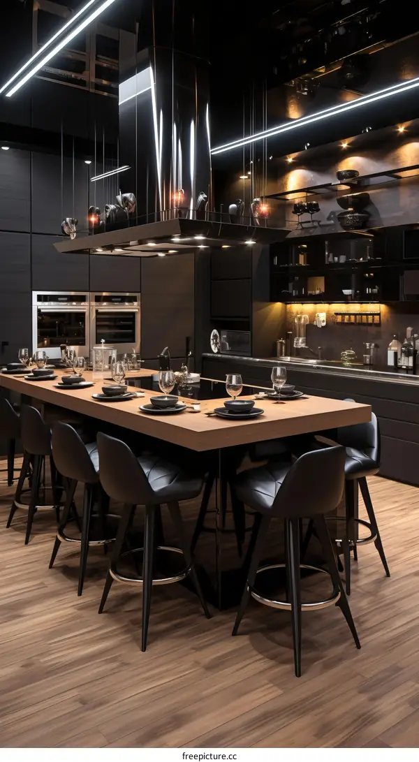 Black and wooden modern kitchen interior design