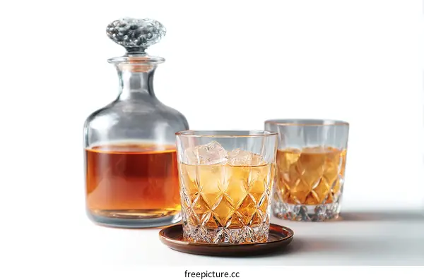 A crystal decanter with amber liquid and two glasses with ice