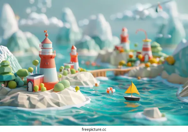 A small boat is sailing towards a small island with a lighthouse