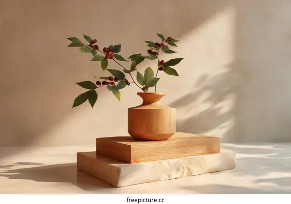 Wooden Vase with Berries and Branches Still Life