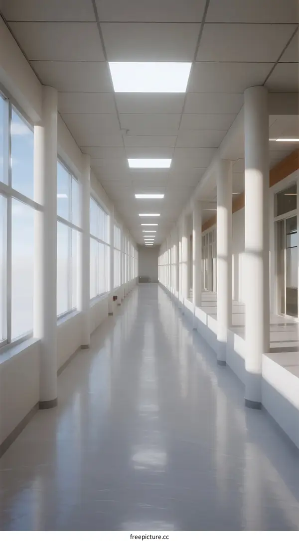 Long Corridor with Bright Skylights and White Columns
