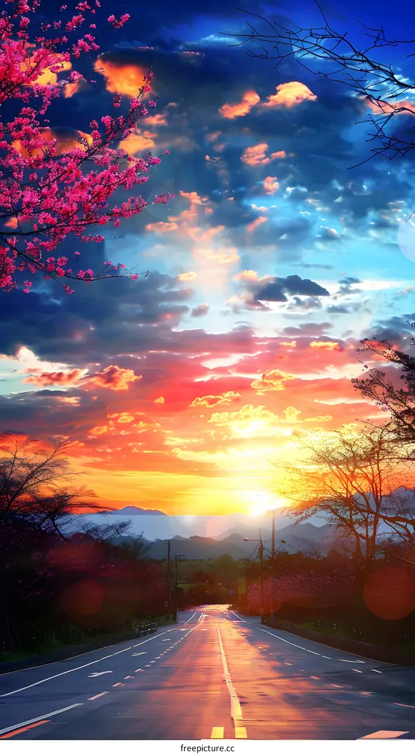 Sunset Road with Cherry Blossoms and Mountains
