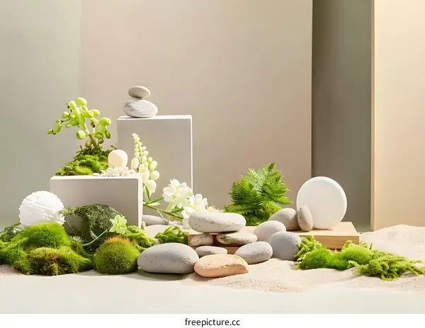 Zen Garden Inspired Minimalist Product Display with Stones Moss and Plants