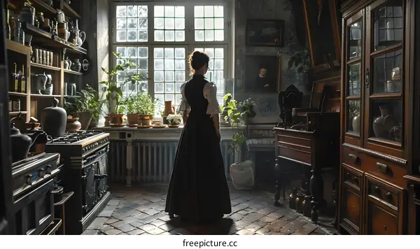 Woman in Vintage Dress Stands by Window in Antique Kitchen