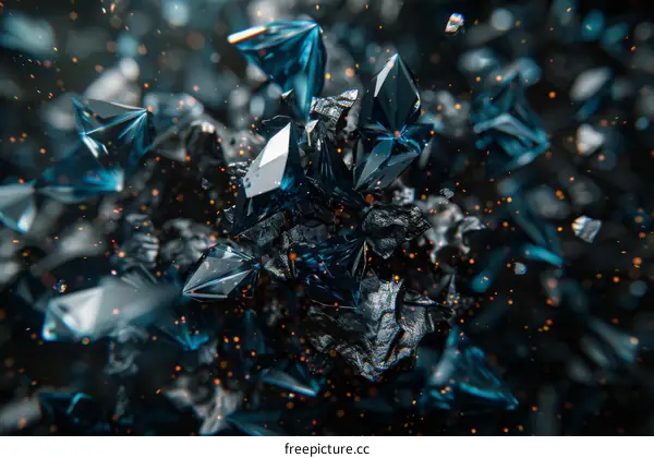 Blue and black crystal shards floating in space