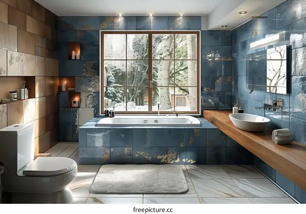 Modern Stylish Bathroom with Blue Tiles and a Window View