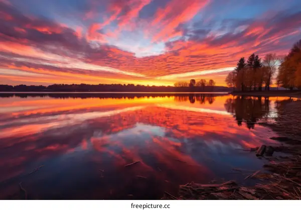 The setting sun reflects off the surface of a lake, casting a fiery glow over the sky and trees