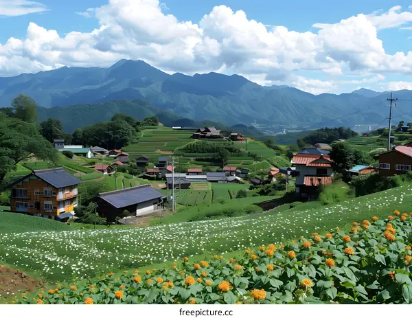 A beautiful terraced rice field village in the mountains of Japan