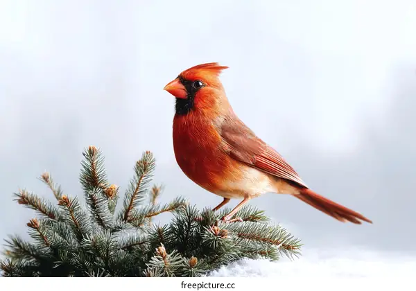 Beautiful Northern Cardinal on Winter Fir Branch