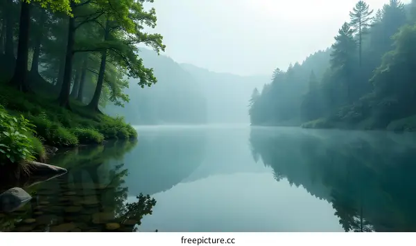 Tranquil Lake with Foggy Mountains