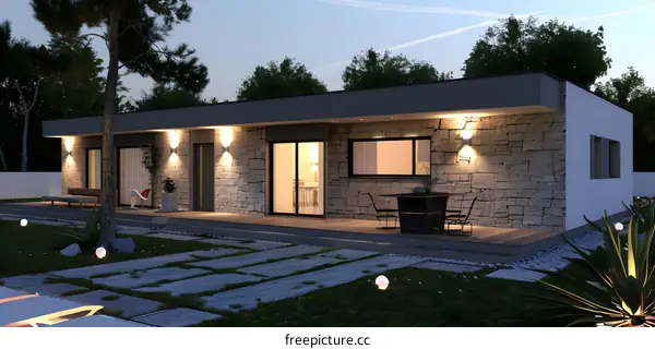 Modern House with Stone Wall and Garden Design