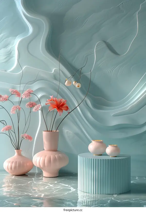 Minimalist Flower Arrangement with Blue and Pink Vase