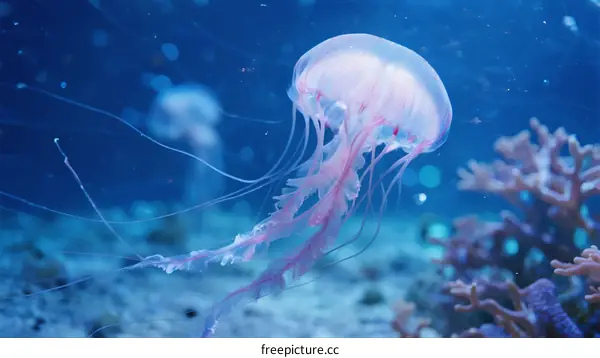 A Beautiful Pink Jellyfish Swimming in Clear Blue Ocean Water