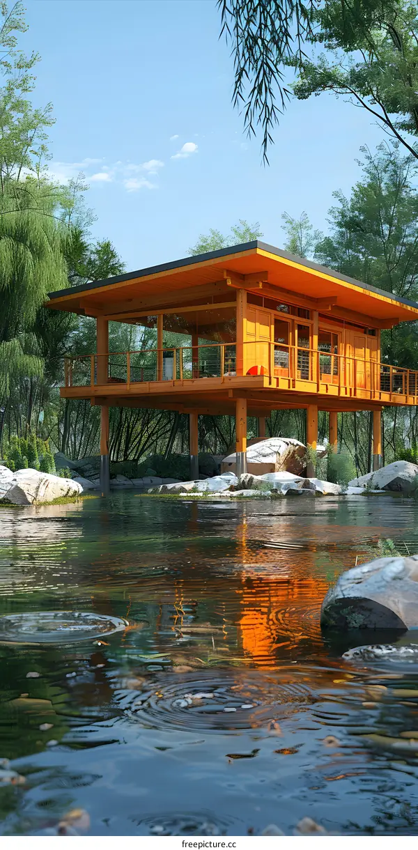Modern Wooden House Over Water In Forest