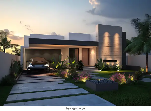 Modern House Design with Black Car and Tropical Garden
