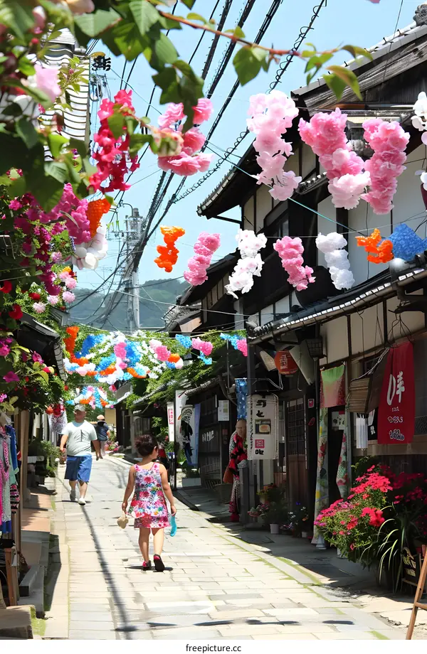 Traditional Japanese Street Decorated with Colorful Flowers