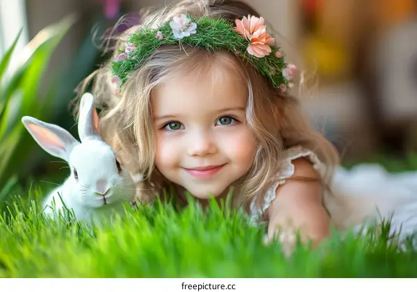 Adorable Little Girl with a Flower Crown and Bunny