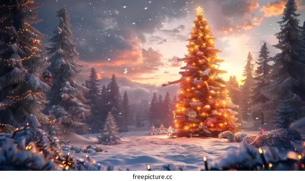 Christmas Tree in Snowy Forest