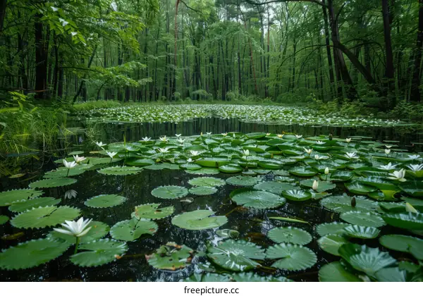 A Lush Green Forest Pond with White Water Lilies in Full Bloom