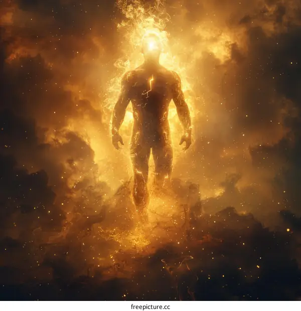 Illustration of a muscular man made of fire