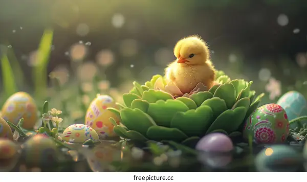 Cute Little Chick Sitting on a Flower Surrounded by Easter Eggs