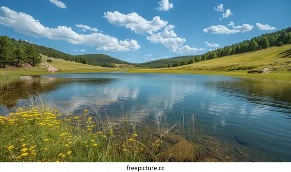 Serene Mountain Lake with Green Hills and Yellow Wildflowers