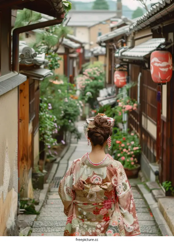 A Japanese Woman Wearing a Kimono Walks Down a Stone Path