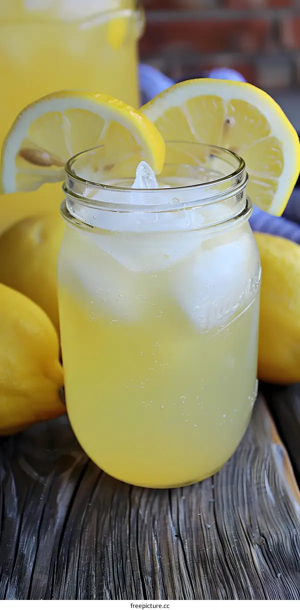 Glass of Homemade Lemonade with Ice and Lemon Slices