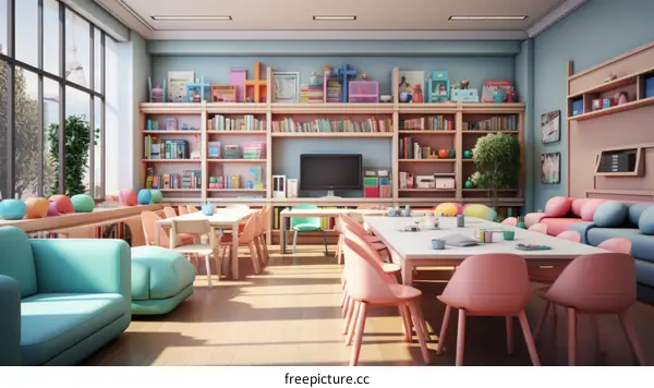 A classroom with a lot of bookshelves and colorful furniture